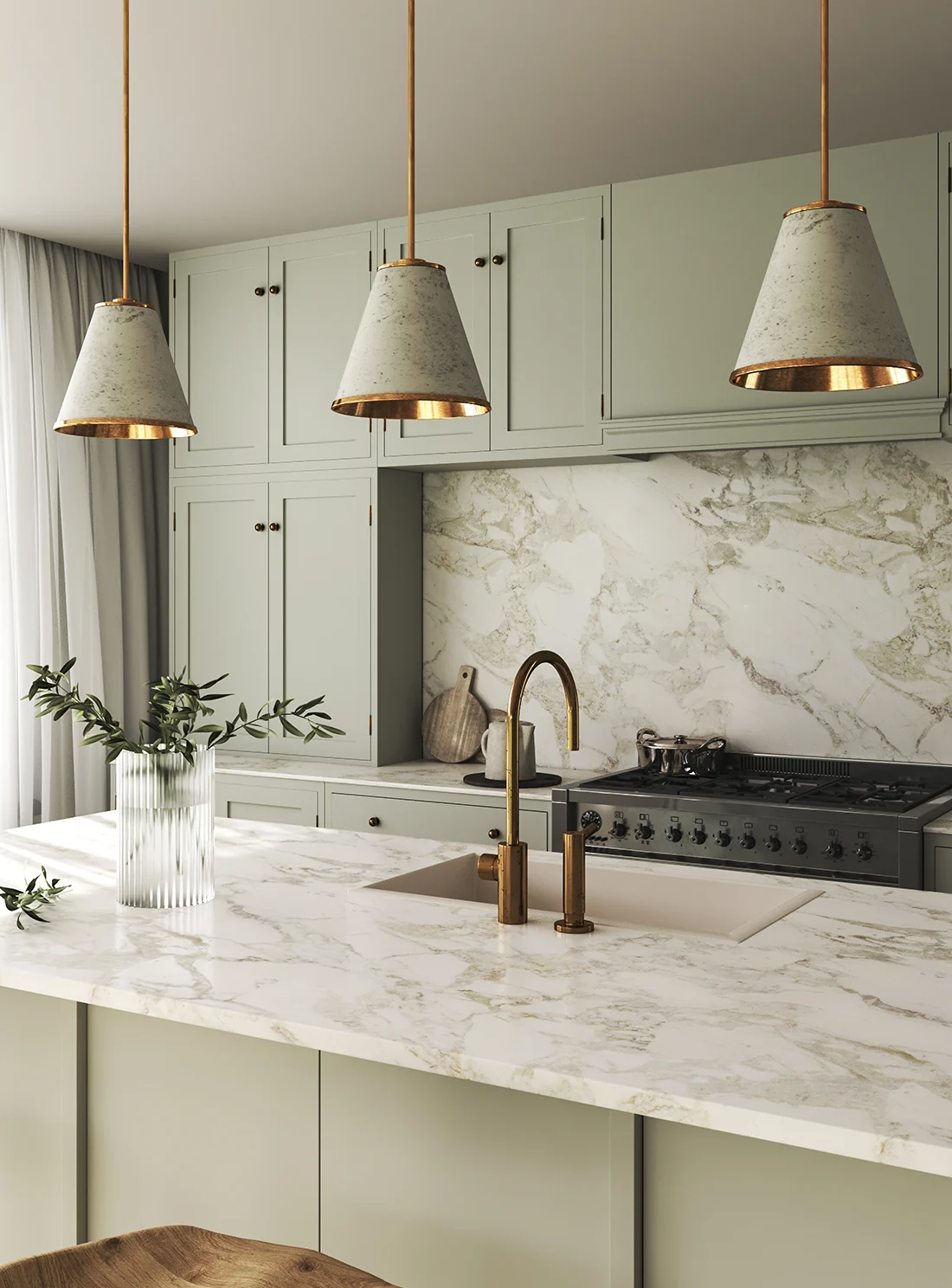 A kitchen with marble countertops and a sink.