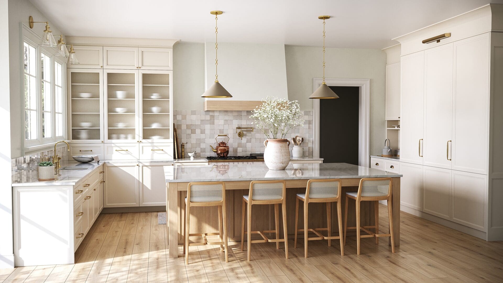 A kitchen with wooden floors and white walls.